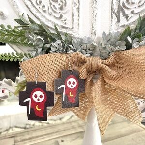 Halloween Fall Faux Leather Teardrop Dangle Earrings Grim Reaper Cross